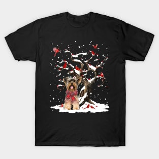 Yorkshire Terrier Scarf Cardinal Snow Christmas T-Shirt